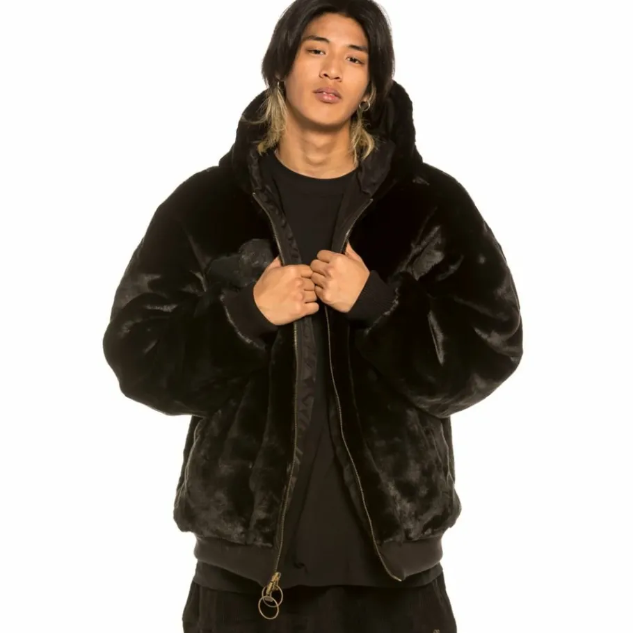 Grimey "Aged Rum" Fur Bomber Jacket - Black - Fall 21 Cheap