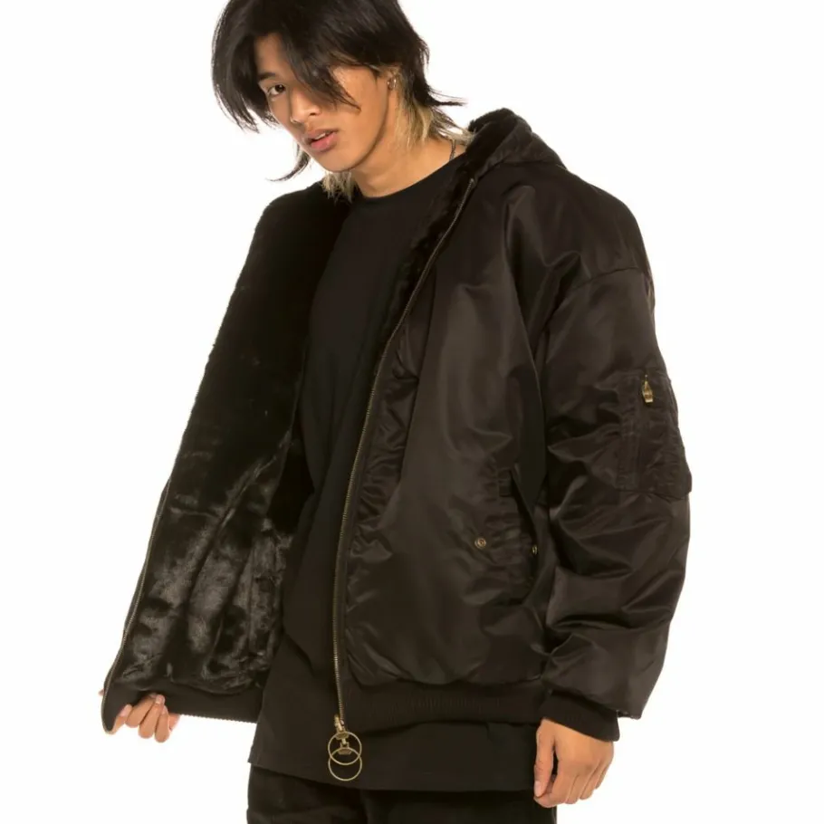 Grimey "Aged Rum" Fur Bomber Jacket - Black - Fall 21 Cheap