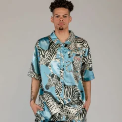 Grimey Animal Satin Button Up Shirt - Blue - Summer 23 Best Sale