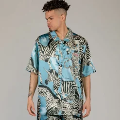 Grimey Animal Satin Button Up Shirt - Blue - Summer 23 Best Sale