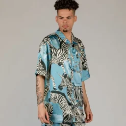 Grimey Animal Satin Button Up Shirt - Blue - Summer 23 Best Sale