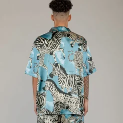 Grimey Animal Satin Button Up Shirt - Blue - Summer 23 Best Sale