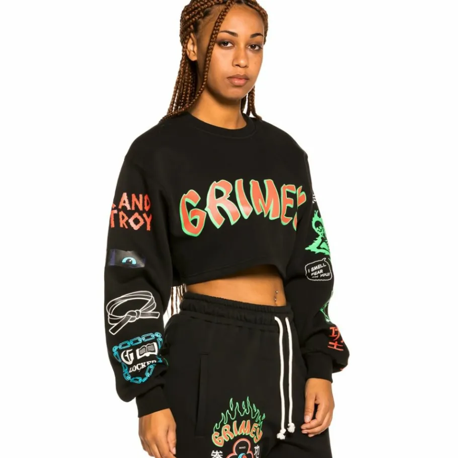 Grimey "Destroy All Fear" Girl Crop Crewneck - Black - Fall 21 Best
