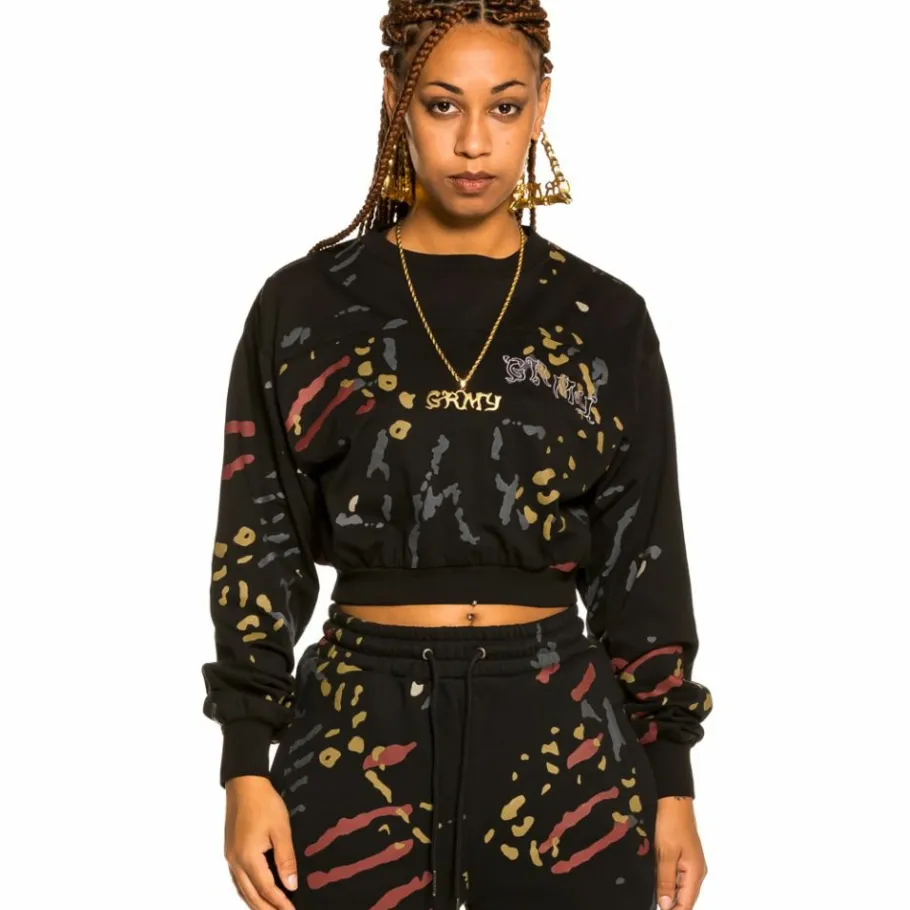 Grimey "Jazz Thing" All Over Print Long Sleeve Crop Top - Black - Fall 21 Best Sale