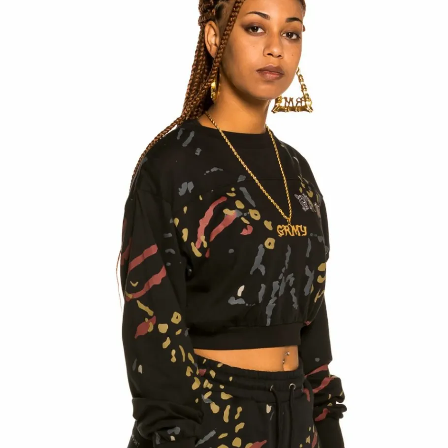 Grimey "Jazz Thing" All Over Print Long Sleeve Crop Top - Black - Fall 21 Best Sale