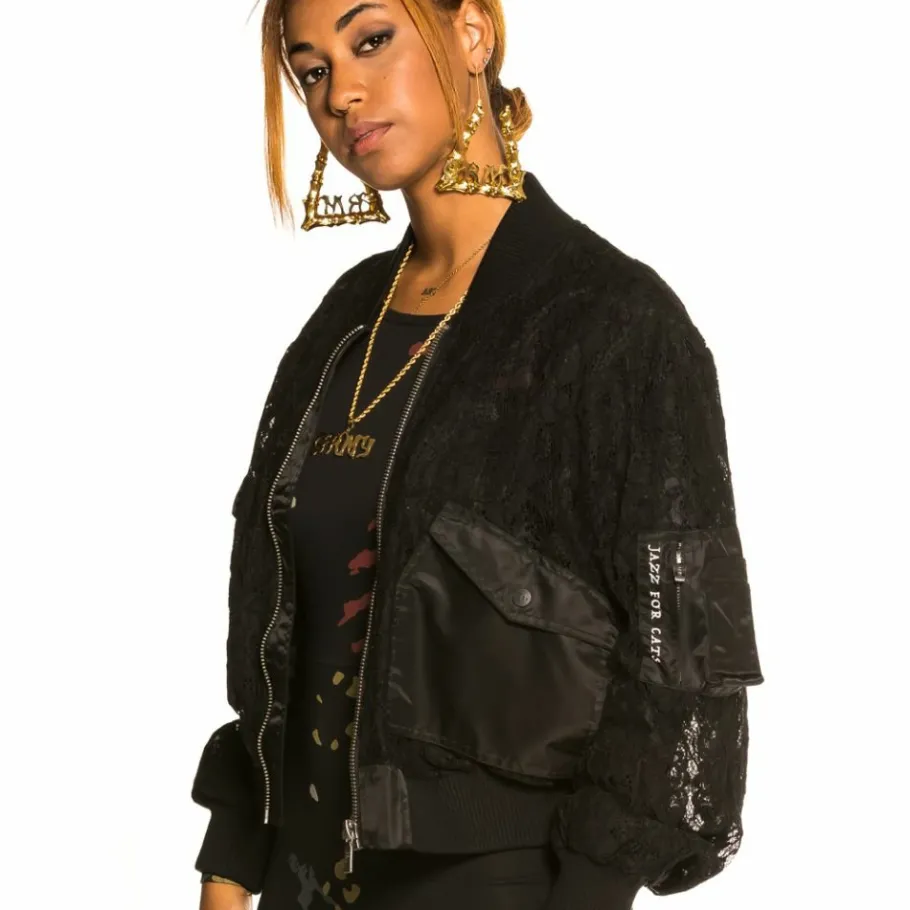 Grimey "Jazz Thing" Girl Lace Bomber Jacket - Black - Fall 21 Cheap