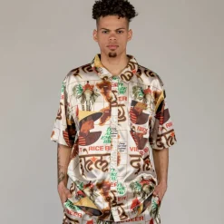 Grimey Viet Cong Beer Satin Button Up Shirt - White - Summer 23 Flash Sale